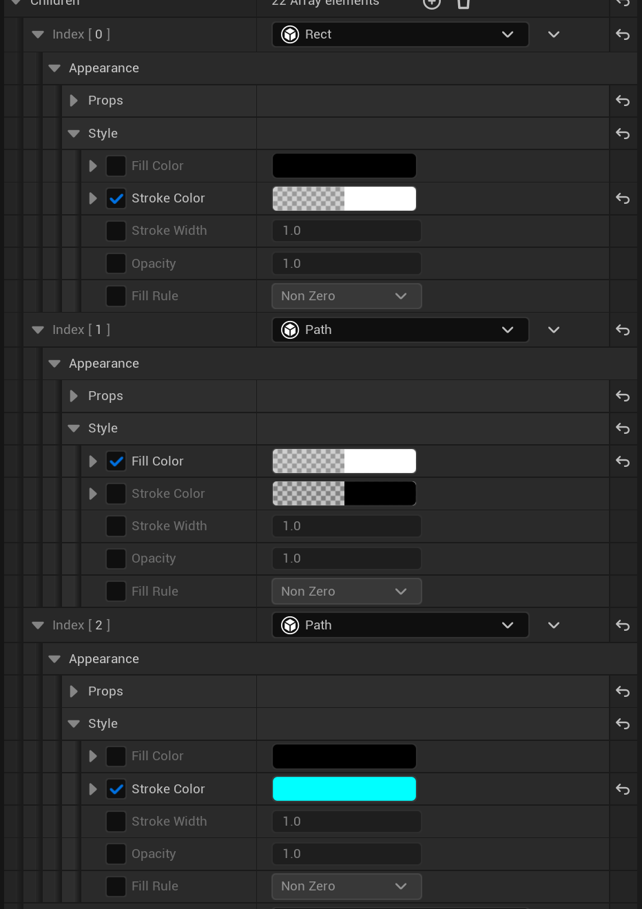 Screenshot of the Unreal Editor showing our SVG Style properties rendered in the Details panel. Each property is shown with a checkbox in front of the property name. The checkbox is checked for any properties which have been set explicitly, while fields that are left at their default values are grayed out, with unchecked boxes.